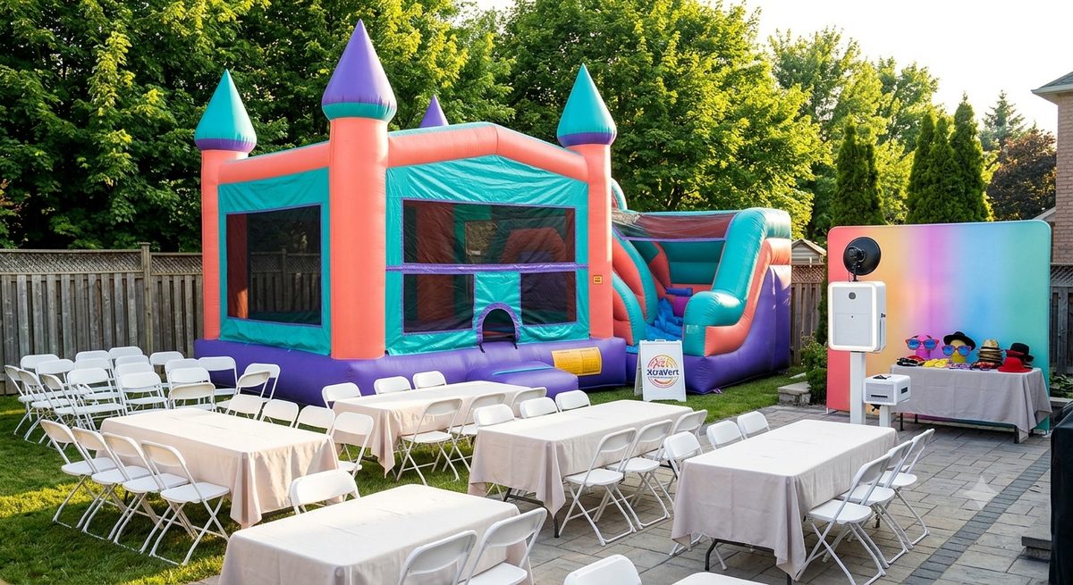 Bouncy castle, white folding chairs, tables and photo booth set up for a backyard party in Richmond Hill